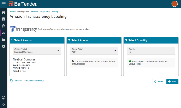 Amazon Transparency Labeling Printing Page